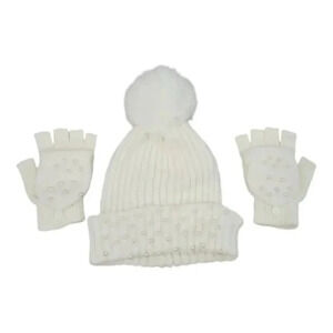 White Knit hat with Super Pom and Faux Pearl Accents Hat and Fingerles Glove set